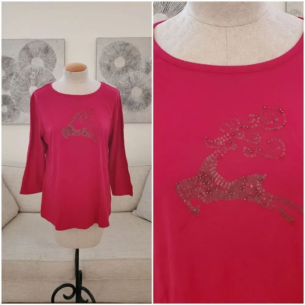 Coldwater Creek 3/4 Sleeve Sparkling Reindeer Tee Sz Large
